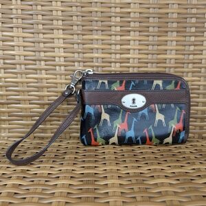 Fossil Black Coated Canvas Leather Trim Wristlet Wallet Colorful Giraffe Prints